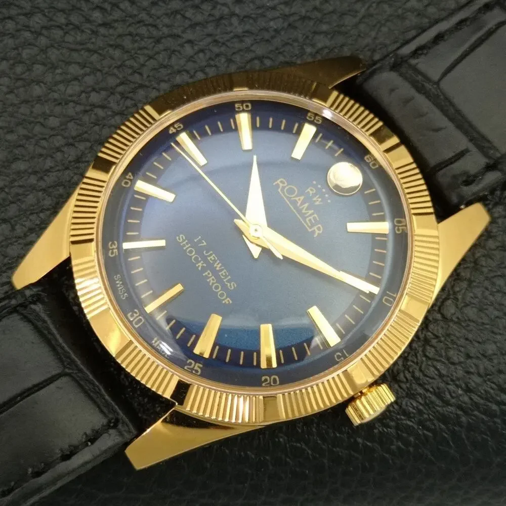 Vintage 1974 Roamer Manual Mens Gold Watch W/Leather Strap & Blue accents